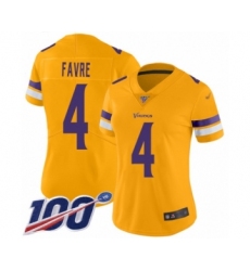 Women's Minnesota Vikings #4 Brett Favre Limited Gold Inverted Legend 100th Season Football Jersey