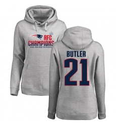 Women's Nike New England Patriots #21 Malcolm Butler Heather Gray 2017 AFC Champions Pullover Hoodie