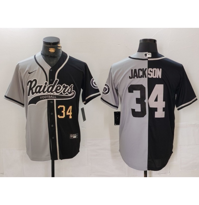 Men's Las Vegas Raiders #34 Bo Jackson Number Grey Black Split Cool Base Stitched Baseball Jersey