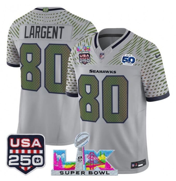 Men's Seattle Seahawks #80 Steve Largent Gray 2025 F.U.S.E. Super Bowl LX & US 250th anniversary And 50th Season“Rivalries” Vapor Limited Football Stitched
