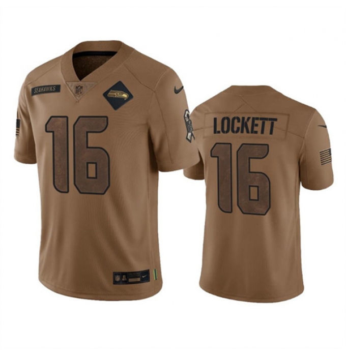 Men's Seattle Seahawks #16 Tyler Lockett 2023 Brown Salute To Service Limited Football Stitched Jersey