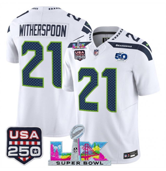 Men's Seattle Seahawks #21 Devon Witherspoon White 2025 F.U.S.E. Super Bowl LX And 50th Season & USA 250 Vapor Limited Football Stitched Jersey