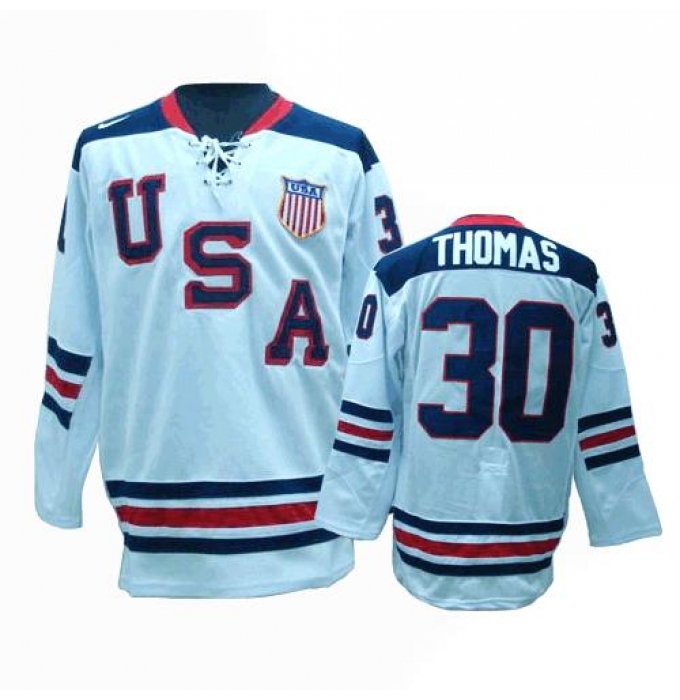 Men's Nike Team USA #30 Tim Thomas Authentic White 1960 Throwback Olympic Hockey Jersey