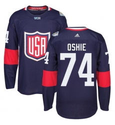 Men's Adidas Team USA #74 T. J. Oshie Authentic Navy Blue Away 2016 World Cup Ice Hockey Jersey