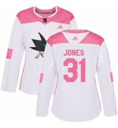 Women's Adidas San Jose Sharks #31 Martin Jones Authentic White/Pink Fashion NHL Jersey