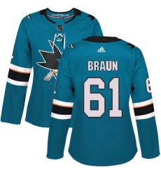 Women's Adidas San Jose Sharks #61 Justin Braun Authentic Teal Green Home NHL Jersey