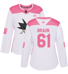 Women's Adidas San Jose Sharks #61 Justin Braun Authentic White/Pink Fashion NHL Jersey