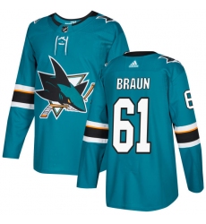 Youth Adidas San Jose Sharks #61 Justin Braun Authentic Teal Green Home NHL Jersey