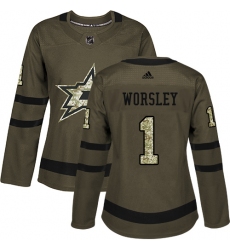 Women's Adidas Dallas Stars #1 Gump Worsley Authentic Green Salute to Service NHL Jersey