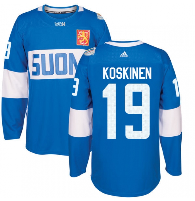 Men's Adidas Team Finland #19 Mikko Koskinen Authentic Blue Away 2016 World Cup of Hockey Jersey