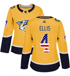 Women's Adidas Nashville Predators #4 Ryan Ellis Authentic Gold USA Flag Fashion NHL Jersey