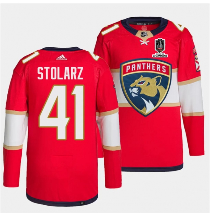 Men's Florida Panthers #41 Anthony Stolarz Red Home 2024 Stanley Cup Champions Stitched Jersey