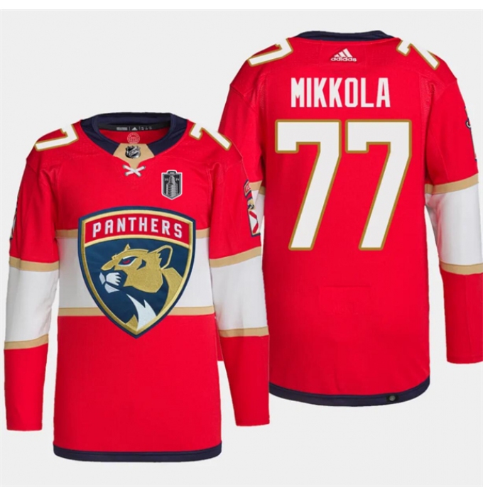 Men's Florida Panthers #77 Niko Mikkola Red 2024 Stanley Cup Final Stitched Jersey