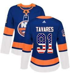 Women's Adidas New York Islanders #91 John Tavares Authentic Royal Blue USA Flag Fashion NHL Jersey