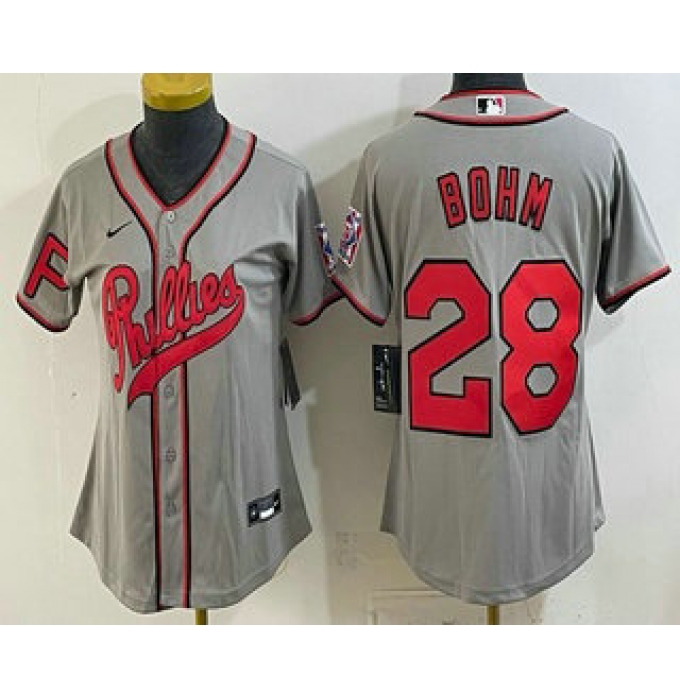 Women's Philadelphia Phillies #28 Alec Bohm Name Gray 2026 Field of Dreams Stadium Stitched Jersey