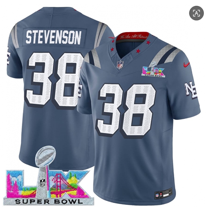 Men's New England Patriots #38 Rhamondre Stevenson Storm Blue 2025 F.U.S.E. Super Bowl LX “Rivalries” Vapor Limited Football Stitched Jersey