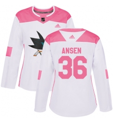 Women's Adidas San Jose Sharks #36 Jannik Hansen Authentic White/Pink Fashion NHL Jersey