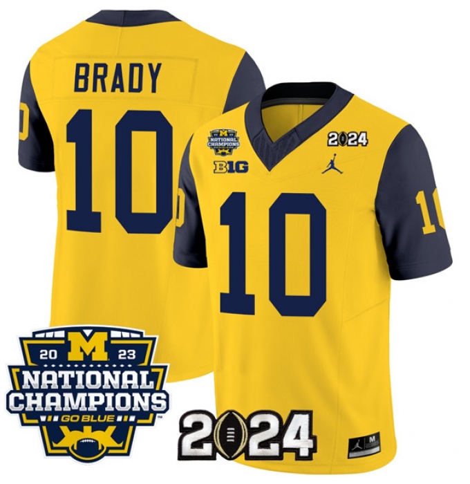 Men's Michigan Wolverines #10 Tom Brady Yellow Navy 2024 F.U.S.E. With 2023 National Champions Stitched Jersey