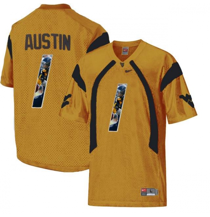 West Virginia Mountaineers #1 Tavon Austin Gold With Portrait Print College Football Jersey