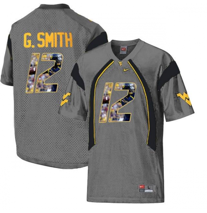 West Virginia Mountaineers #12 Geno Smith Gray With Portrait Print College Football Jersey