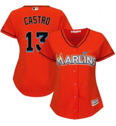 Women's Majestic Miami Marlins #13 Starlin Castro Replica Orange Alternate 1 Cool Base MLB Jersey