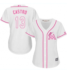 Women's Majestic Miami Marlins #13 Starlin Castro Replica White Fashion Cool Base MLB Jersey