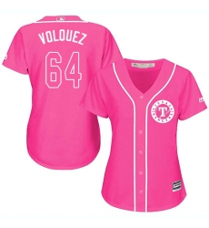 Women's Majestic Texas Rangers #64 Edinson Volquez Replica Pink Fashion Cool Base MLB Jersey