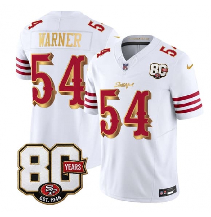 Men's San Francisco 49ers #54 Fred Warner White Gold 80th Anniversary “Rivalries” 2026 F.U.S.E. Vapor Untouchable Limited Football Stitched Jersey