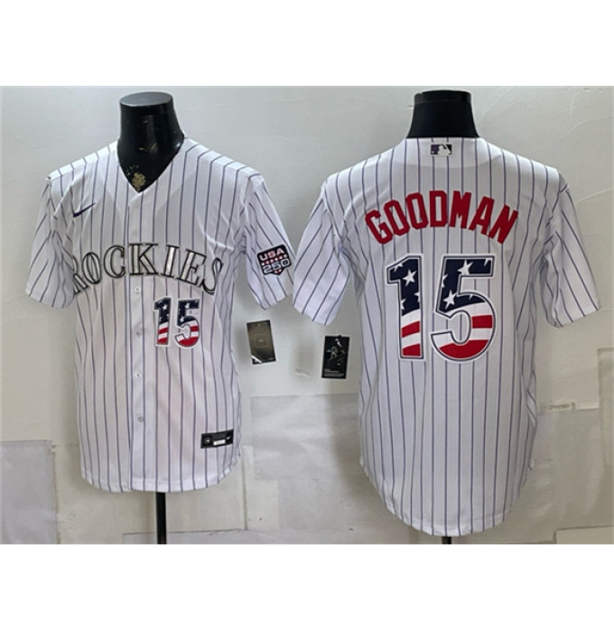Men's Colorado Rockies #15 Hunter Goodman White 2026 USA 250 Fourth of July Home Stitched Baseball Jersey