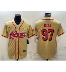 Men's San Francisco 49ers #97 Nick Bosa Gold Color Rush With Patch Cool Base Stitched Baseball Jersey