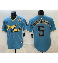 Men's Milwaukee Brewers #5 Garrett Mitchell Powder Blue City Connect With Home & Bob Uecker Limited Stitched Baseball Jersey