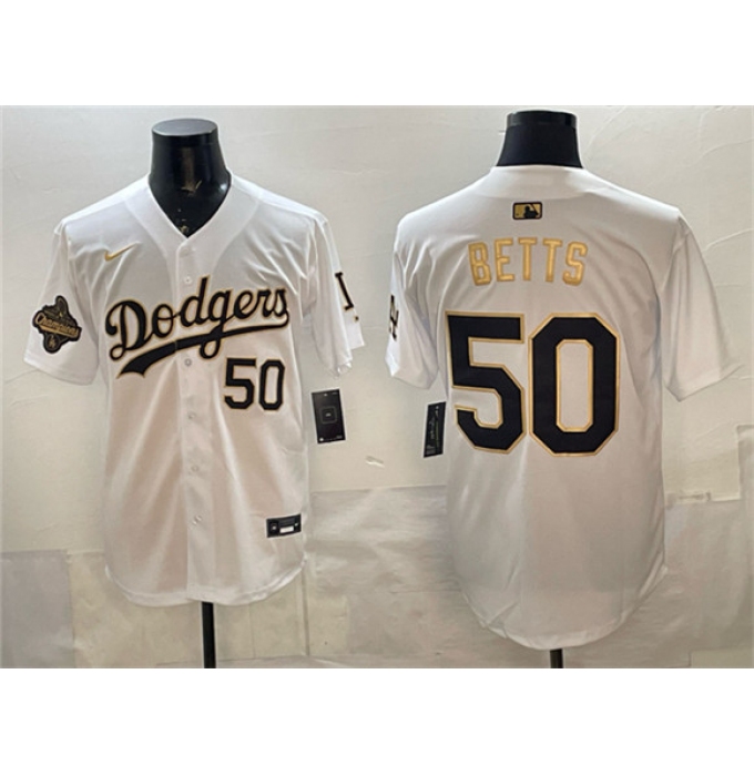 Men's Los Angeles Dodgers #50 Mookie Betts White Gold 2025 World Series Champions Limited Stitched Baseball Jersey