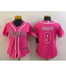 Women's Cincinnati Bengals #9 Joe Burrow Pink With Patch Cool Base Stitched Baseball Jersey