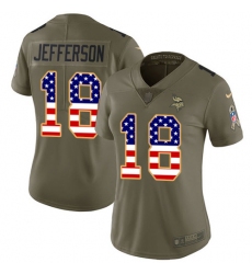 Women's Minnesota Vikings #18 Justin Jefferson Olive USA Flag Stitched NFL Limited 2017 Salute To Service Jersey
