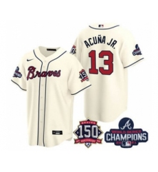 Men's Atlanta Braves #13 Ronald Acuna Jr. 2021 Cream World Series Champions With 150th Anniversary Patch Cool Base Stitched Jersey