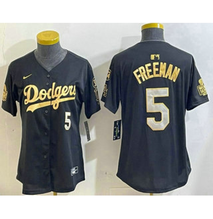 Women's Los Men's Los Angeles Dodgers #5 Freddie Freeman Black Gold 2024 World Series 34 Stitched Cool Base Jersey