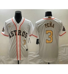 Men's Houston Astros #3 Jeremy Pena 2023 White Gold World Serise Champions Cool Base Stitched Jersey1