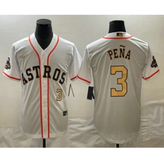 Men's Houston Astros #3 Jeremy Pena 2023 White Gold World Serise Champions Cool Base Stitched Jersey1