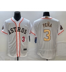 Men's Houston Astros #3 Jeremy Pena Number 2023 White Gold World Serise Champions Flex Base Stitched Jersey2