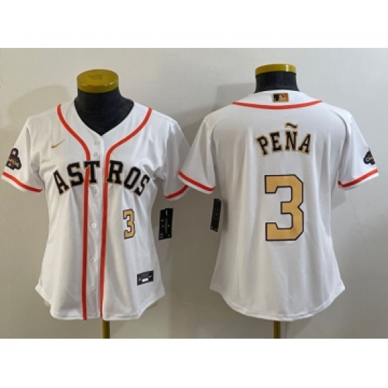 Women's Houston Astros #3 Jeremy Pena Number 2023 White Gold World Serise Champions Cool Base Stitched Jersey