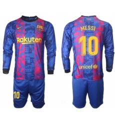 Men 2021-2022 Club Barcelona Second away blue Long Sleeve 10 Soccer Jerseys