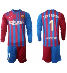 Men 2021-2022 Club Barcelona home red blue Long Sleeve 1 Nike Soccer Jersey