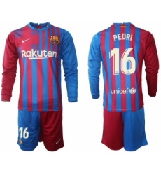 Men 2021-2022 Club Barcelona home red blue Long Sleeve 16 Nike Soccer Jerseys
