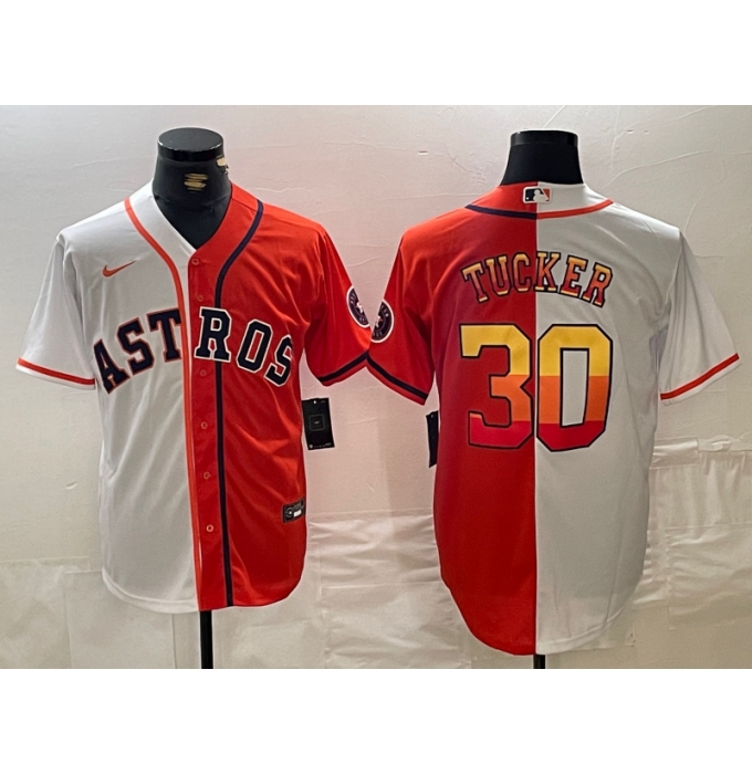 Men's Houston Astros #30 Kyle Tucker White Orange Split Stitched Baseball Jersey