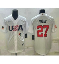 Men's USA Baseball #27 Mike Trout 2023 White World Baseball Classic Replica Stitched Jersey