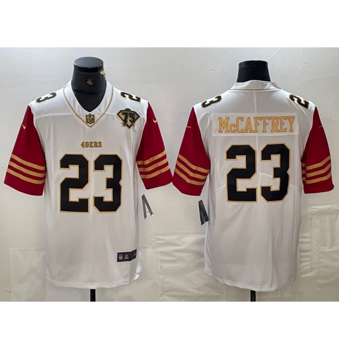 Men's San Francisco 49ers #23 Christian McCaffrey White 75th Golden Edition Stitched Nike Limited Jersey