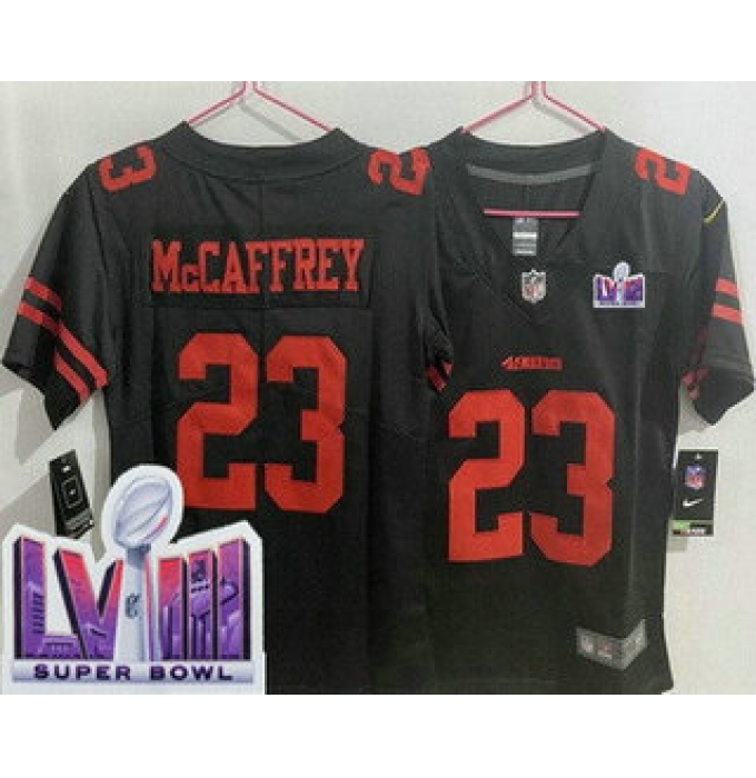Women's San Francisco 49ers #23 Christian McCaffrey Limited Black LVIII Super Bowl Vapor Jersey