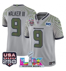 Men's Seattle Seahawks #9 Kenneth Walker III Gray 2025 F.U.S.E. Super Bowl LX & US 250th anniversary And 50th Season“Rivalries” Vapor Limited Football Stit