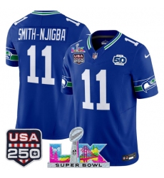 Men's Seattle Seahawks #11 Jaxon Smith-Njigba Royal 2025 F.U.S.E. Super Bowl LX And 50th Season & USA 250 Vapor Throwback Limited Football Stitched Jersey
