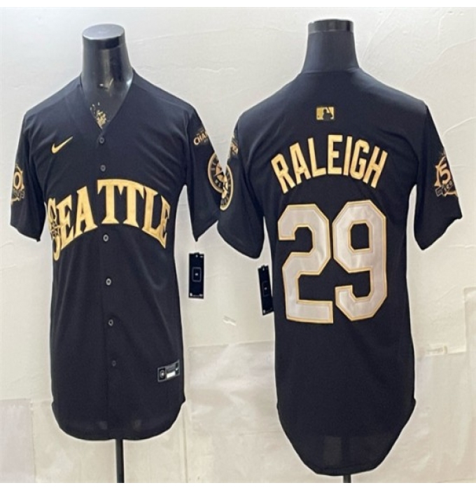 Men's Seattle Mariners #29 Cal Raleigh Black Gold 50th Anniversary & AL West Division Champions Vapor Limited Stitched Baseball Jersey